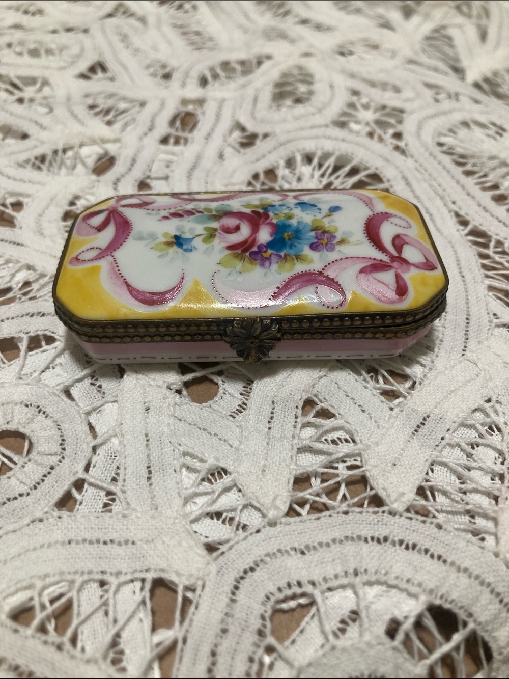 Hand-Painted Floral Porcelain Trinket Box - Pink & Yellow